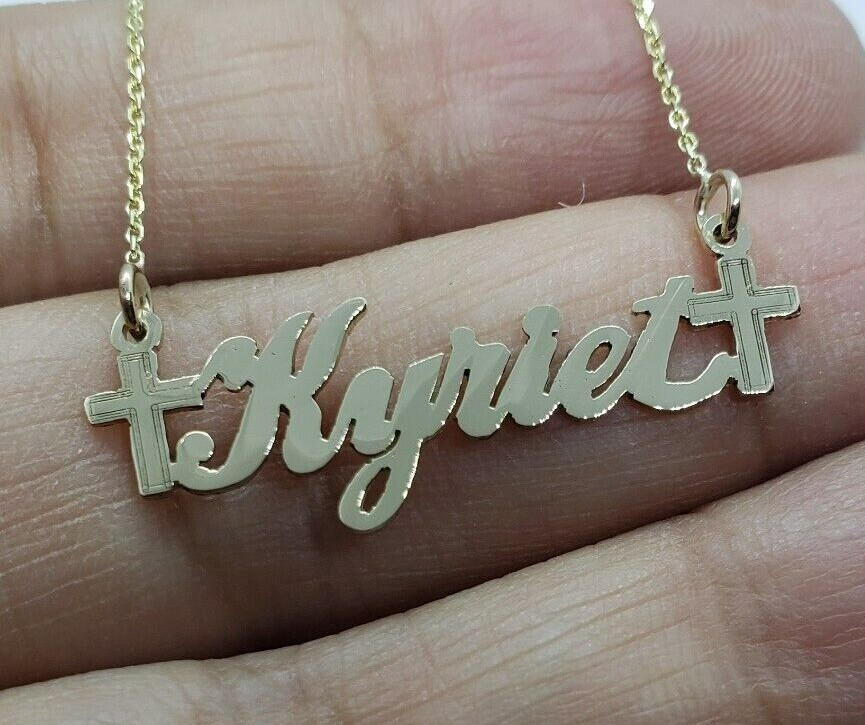 10K Solid Yellow Gold Handmade Personalized Custom Name Pendant Charm with  Cross