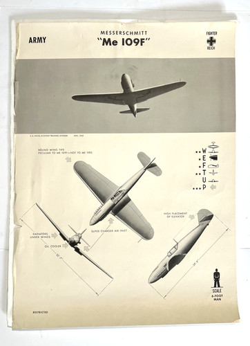 Vtg Messerschmitt Me 109F German Reich Plane Identification Poster - Army 1942