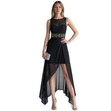 bebe Dress Womens 2 Black Beaded Waist Mesh Illusion High Low Maxi Gown EUC
