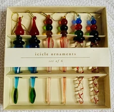 Vintage Pier One 1 Colorful Blown Glass Icicle Teardrop Ornaments Set Of 6. NIB