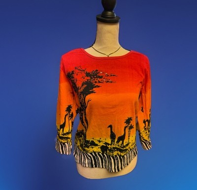 Y2K- Take Two Safari Sunset Rhinestone Top Red Orange Ombré Womens L 100% Cotton