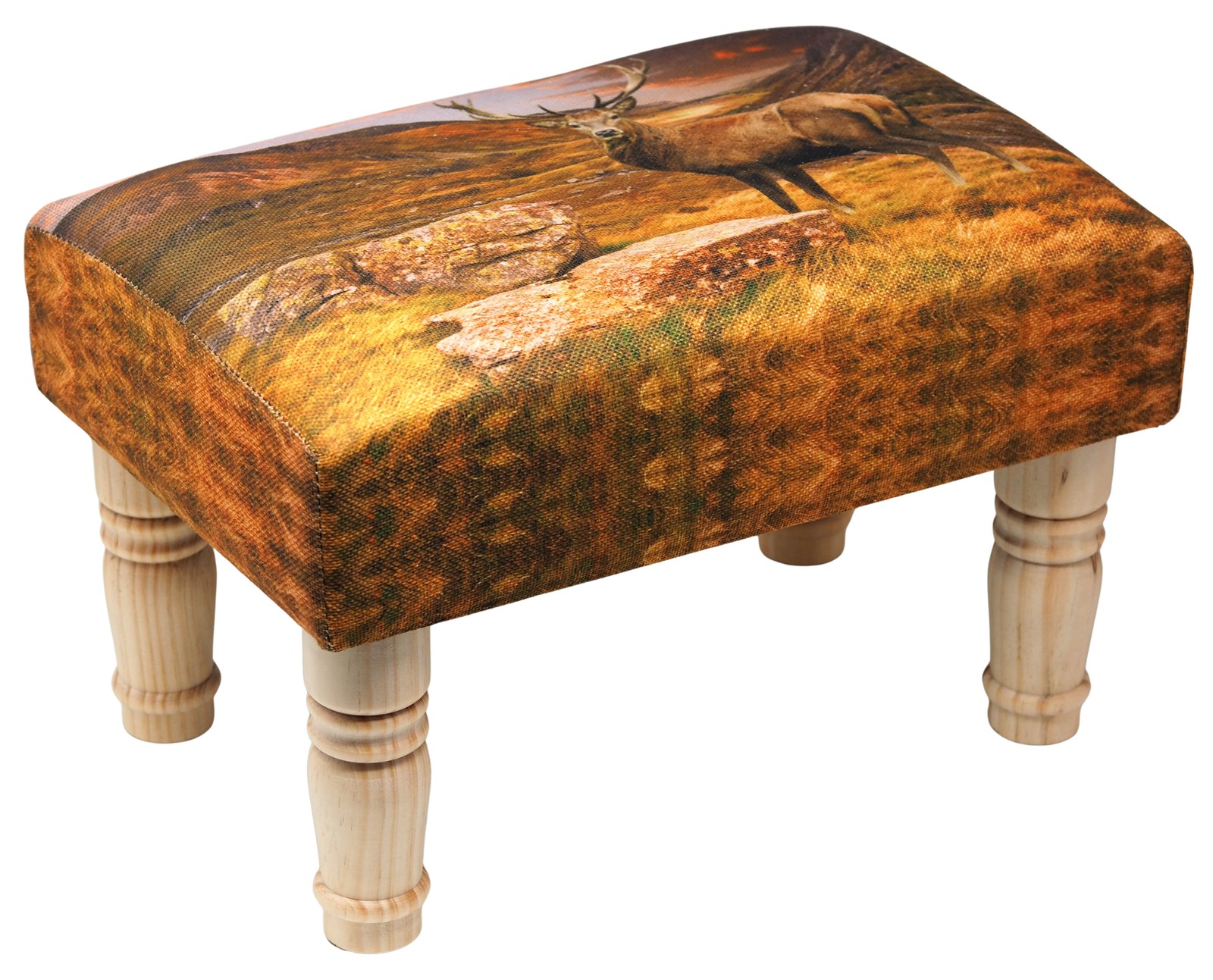 Highland Stag Print Upholstered Cushioned Footstool Foot Rest