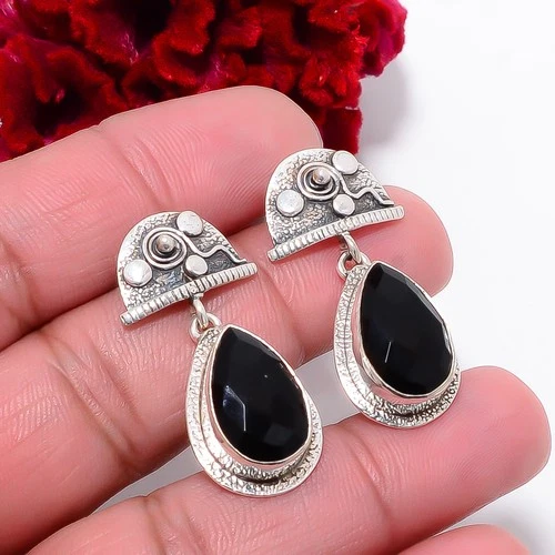 Black Onyx Gemstone Designer Handmade 925 Sterling Silver Earring 1.56" E99063
