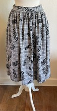 Vintage Black Novelty Squiggle Print Gathered Cotton Midi Skirt By Khazana Sz 6