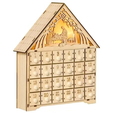 HOT-Christmas Advent Calendar,Light Up Manger Scene Tabletop Xmas Wooden House H