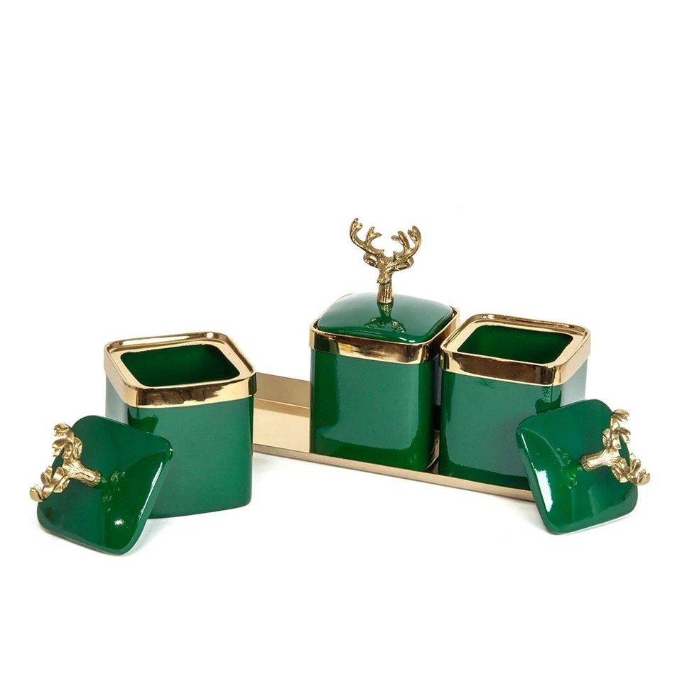 DECOSILUET Decorative Jars Set “Deer” 3pcs with Gold Tray Green Home Decor - Image 2 of 3