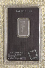 VALCAMBI SUISSE Five 5 Grams 999.5 Platinum Bar Sealed In Assay Card