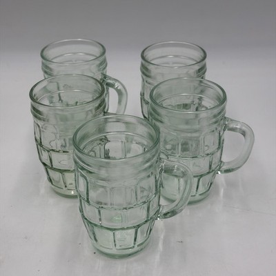 5 Vintage Small Anchor Hocking Windowpane Barrel Root Beer Mugs Pale Green Glass