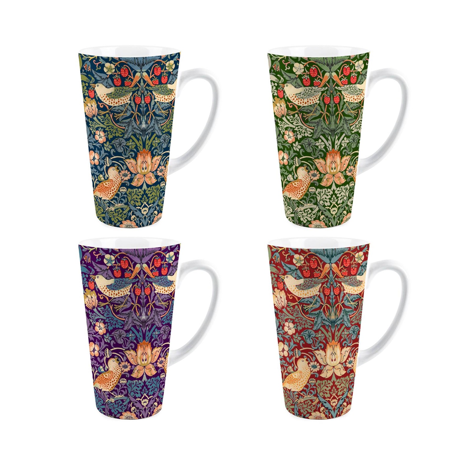 Strawberry Thief Tall Latte Mugs Set of 4 - William Morris Artwork Gifts