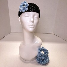 Woman's Handmade Crochet 2 Scrunchies and Flower Headband Light Blue and Black