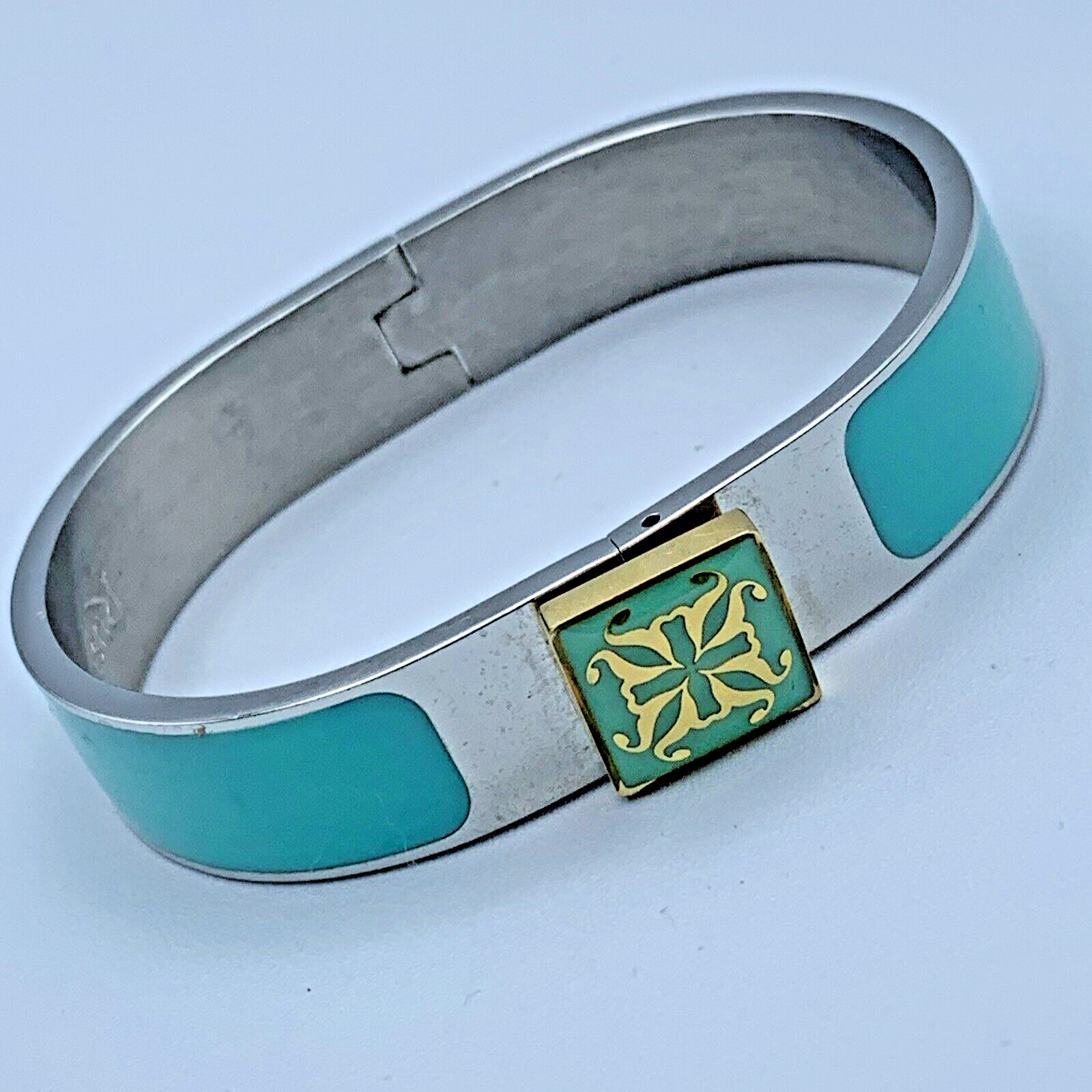 Rustic Cuff Turquoise Enamel Bangle Hinged Bracel… - image 2