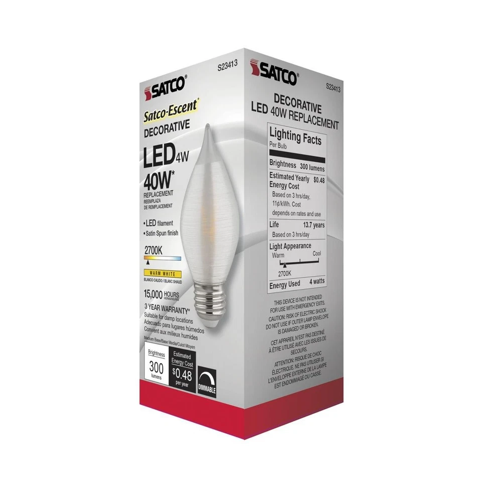 SATCO S23413 - 4 Watt C15 LED Satin Spun Bulb - 2700K - 120 Volts (6 Pack) - Image 4 of 4
