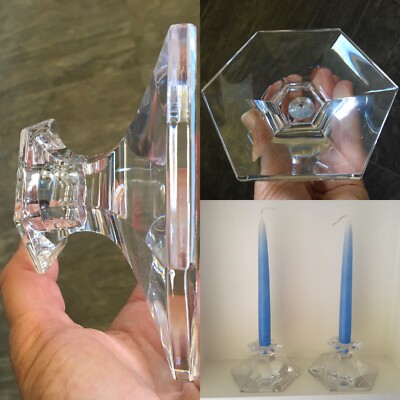 VAL ST LAMBERT AUSTRIAN HEXAGONAL SHORT CRYSTAL CANDLESTICKS SIGNED no damage 