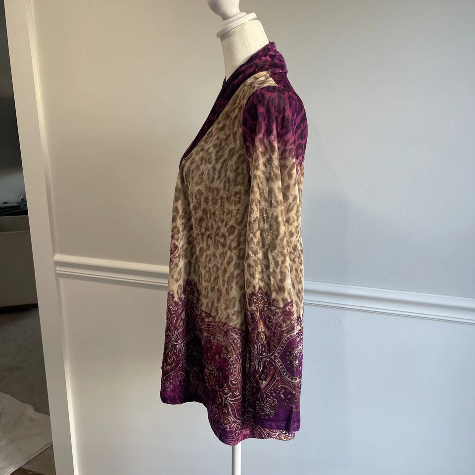 Cárdigan de terciopelo de manga larga One World Morado Estampado de leopardo Elástico Artsy Boho XS Foto 4 de 4