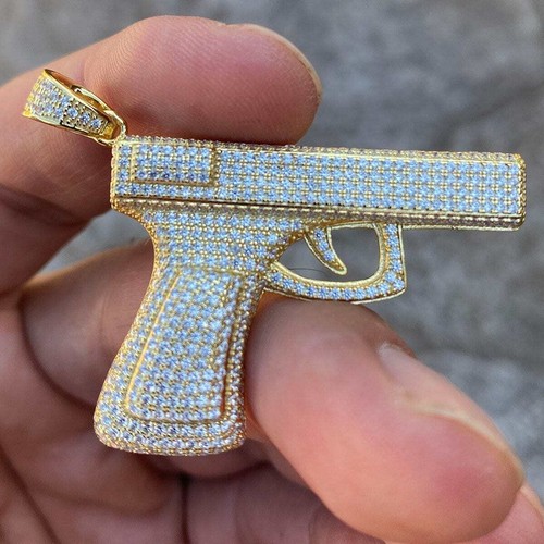 14k Gold Plated 925 Sterling Silver Gun Pendant Nine Pistol CZ Iced Flooded Out - Picture 2 of 5