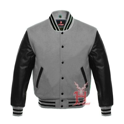 Varsity Gothic College Bomber Jacke Unisex Grau Wolle Schwarz Leder Retro