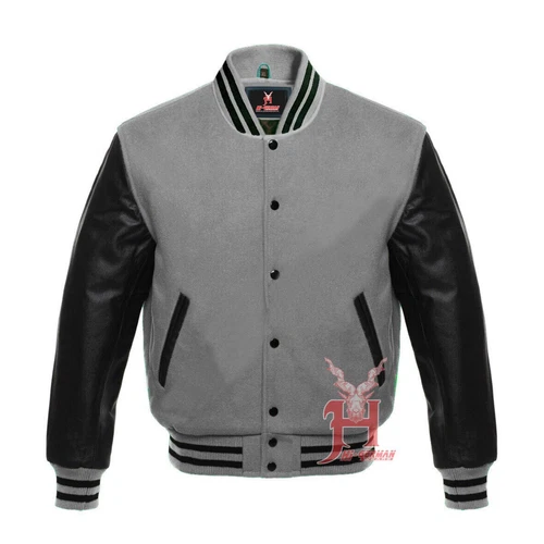 Varsity Men's Letterman Baseball Gray Wool Genuine Black Leather Sleeves Jackets video thumbnail