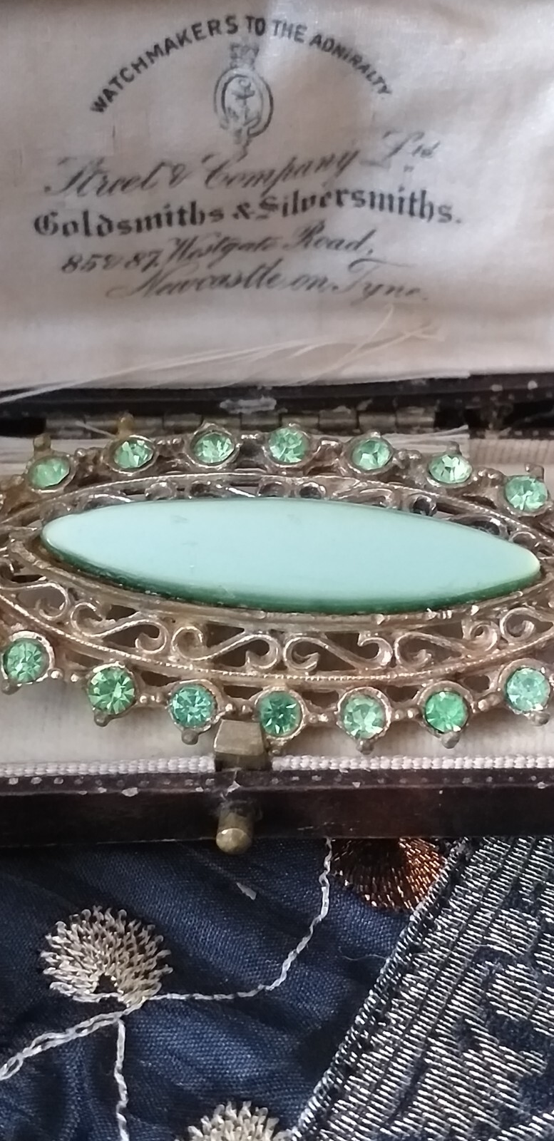 Antique 1950s Austria Gilded Metal Brooch with Green Gemstones