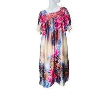 Vtg Muumuu Handmade Women's Dress Floral Dress 1 Sz L Peacock Silky Hawaii