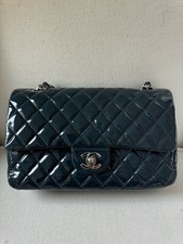 CHANEL Timeless Double Flap Medium Patent Navy