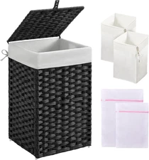 Laundry Hamper with Lid, 60L Clothes Hamper with 2 Removable Liner Bags & 2 Mesh