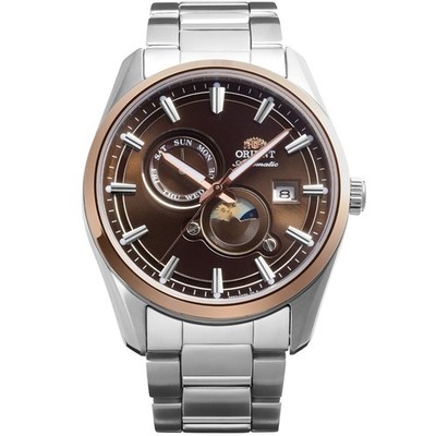 Orient Stretto 41,5 mm Sonne & Mond braunes Zifferblatt Stahl automatische Herrenuhr RA-AK0313