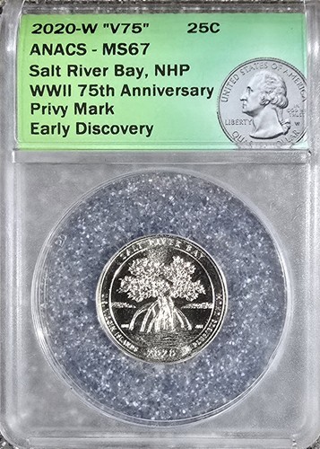 2920-W MS67 Early Salt River Bay,  NHP WWII 75th Anniversary PRIVY MARK #391 - Afbeelding 1 van 3