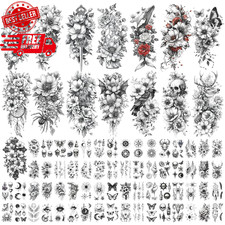 79 Sheets of Temporary Tattoos for Women - Large Black Flower Designs SHIPS FREE