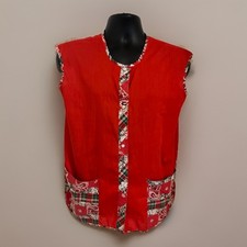 VTG 60s-70s Metal Snap Smock Cobbler Apron Pockets Patchwork Red Granny Core M/L