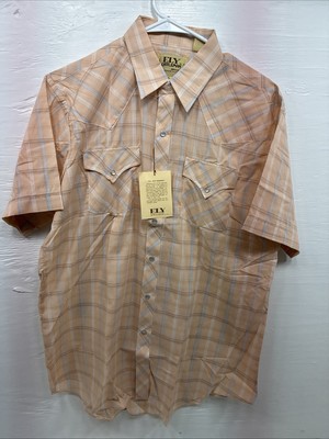 New Men s ELY Cattleman Orange Plaid Short Sleeve Pearl Snap Large X-61