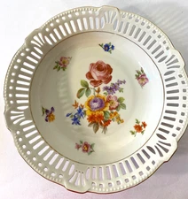 Germany BJL Serving  9" Bowl and 10.26" Plate Lattice Edge  Floral Gold Trim