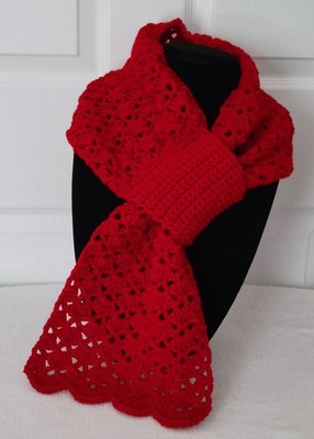 New Keyhole Scarf - Dark Red - Shell Pattern Handmade Hand Crochet Knit
