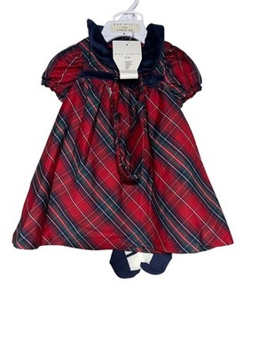 Max Studio Kids Plaid Red Tartan Dress White Tights Set Girls Infant 3-6 Months