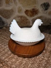 Vintage Indiana White Milk Glass Chicken Hen on Nest 2 pc Candy Dish 7"