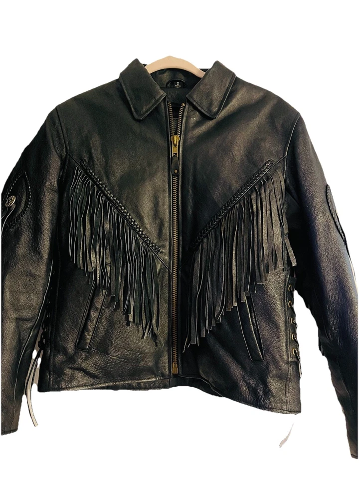 Chaqueta de motocicleta vintage de cuero negra con flecos para mujer pequeña Western Boho Foto 4 de 4