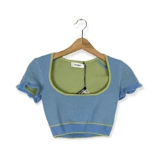 NWT Danielle Guizio Womens Top Blue Lime Scoop Neck Knit Crop Top Size XL