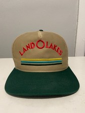 Vintage LAND O LAKES Snapback Tan Khaki Hat Made in USA 5-Panel Twill Green