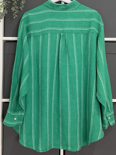 M&S Ladies 100% Linen Shirt Blouse Top Size 20 Green White Stripe Pocket - Picture 5 of 8