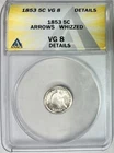 1853 Seated Liberty Half Dime w/ Arrows, ANACS VG-8 Details, Whizzed