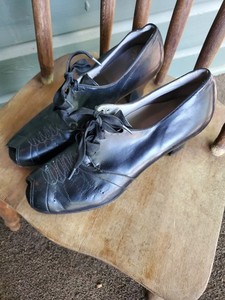 1940s Black Leather Embroidered Peep Toe Heeled Lace Up Professional Shoes 7