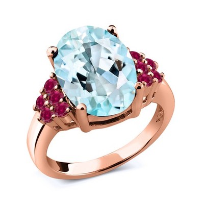 6.68 Ct Oval Sky Blue Topaz Red Created Ruby 18K Rose Gold Plated Silver Ring