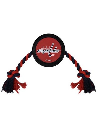 Pets First NHL Capitals Rubber Puck Toy for Dogs Tough Hockey Dog Toy with Rope