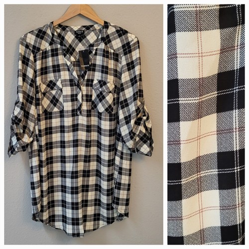 NWT Torrid Harper Plaid Tunic Blouse Sz 1 (1X/14-16) Tab Sleeve Black White Red