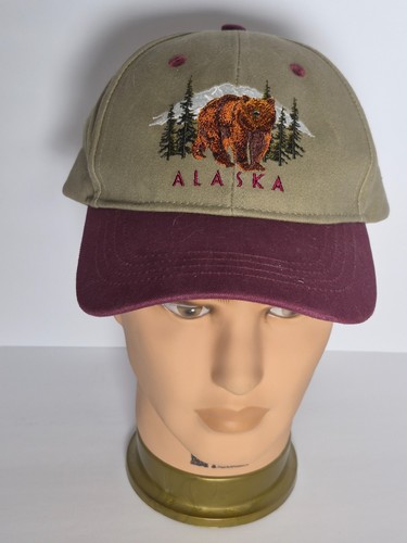 Alaska Grizzly Bear Nature Scene Hat Khaki & Burgundy Embroidered Souvenir Cap