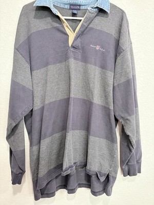 GANT USA Rugby Shirt Mens XL Gray Blue Striped Long 