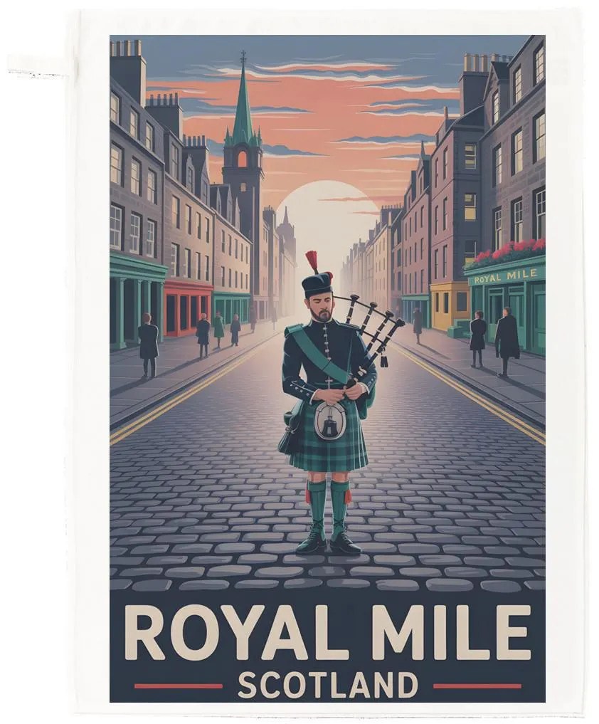 The Royal Mile, Scotland Tea Towel – 100% Cotton, White, 65 x 47 cm