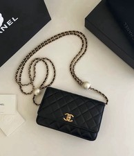 Chanel Wallet On Chain WOC Lambskin Quilted Pearl Chain Crossbody Bag Authentic