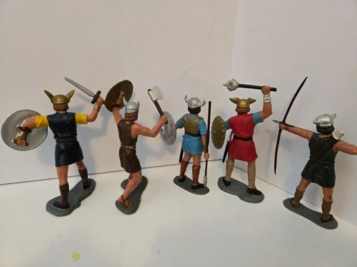 Vintage Louis Marx Viking Figures Set of 5 – 6" Painted Plastic – c.1963