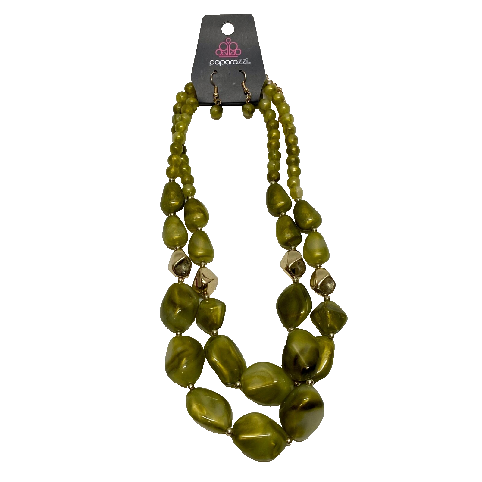 Necklace & Earrings Set Beaded Green Gol  