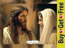 Gesù e Maria di fronte l'uno e l'altro, stampa opaca 5"x7" di dipinto ad olio originale